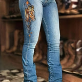 Customized Flare Leg Denim Jeans for Women - Stretchy, Embroidered, Geometric Pattern, Comfortable, Casual Style, All-Season Wear with Medium Stretch Fabric and Woven Weaving Method