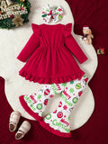 2pcs Toddler & Infant Girl's Creative Christmas Style Set: Flared Pants, Hairband, Ruffle Trim Long Sleeve Peplum Top for Outdoor, Spring/Fall Holiday & Daily Wear