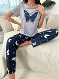 Butterflies in Bloom - Womens Short Sleeve Pajama Set with Round Neck Top & Elastic Pants, Lightweight & Soft Casual Sleepwear for Dreamy Nights