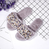 2020 New Women Handmade Pearls House Slippers Women  Winter Women Indoor Slippers Woman Slip On Flats Shoes  Fur Slippers Women