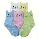 5 Pairs of Adorable Cat Face Girls Socks - Soft-Cotton Blend, Ultra-Comfortable Ear Lifting Design, Breathable for Spring & Summer - Versatile Casual Wear with Elasticized Arch Support