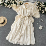 kamames kamames Gentle Wind Turn Collar Bubble Sleeve Medium-Long Shirt Skirt Lace Thin Hollow-Out Design French Dress