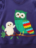 Vibrant Cartoon Owl Graphic Sweatshirt for Boys - Soft Stretch Fabric, Casual Creative Design, Comfortable Spring/Autumn Wear, Relaxed Fit, Easy Care