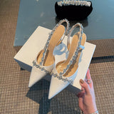 kamames Temperament French Small Heels Socialite Pointed Single Shoes Fairies White High Heels Fine Heels Water Drill Baotou Sandals Women's Summer