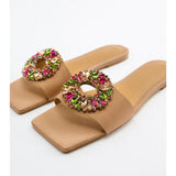 kamames ZARZ 2022 New Brand Women Crystal Flat Sandals Summer Shoes Fashion Square-Toe Beige Sexy Slippers Beach Designer Plus Size 41