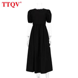 kamames Casual Loose Black Women'S Dress Summer O-Neck Short Sleeve Office Midi Dresses Elegant High Waist A-Line Female Dress