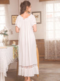 Womens Sleepwear Lace Trim Nightgown Dress - Fluffy Puff Sleeve, Elegant Knot Front, Classic Square Neck, Loose Fit, Flowy Maxi Design - Exquisite Mature Contrast Lace Trim for a Luxurious Feel