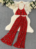 kamames Summer Floral Chiffon Beach 2pcs Sets Fashion Strap Sexy Camisole+Wide Legs Long Pants Butterfly Print Two Pieces Suit