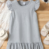 Girls' Summer Elegance: Flutter Sleeve Solid Color Dress - Ruffle Hem, Perfect for Holiday & Party Celebrations