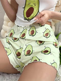 Adorable Cartoon Avocado Print High-Waisted Frill Trim Pajama Bottoms - Soft Micro Elastic Polyester Knit Fabric, Comfy Casual Sleepwear & Loungewear for Women - All Seasons, Random Print Design