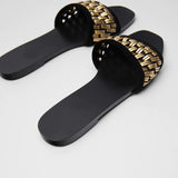 kamames ZARZ Slippers Woman 2022 Flat Shoes Spring Summer New Sexy Fashion Golden Weave Square Toe Flat-Heeled Beach Sandals For Women