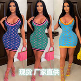 kamames Printed Women Mini Dress Side Stripe Sleeveless Low Cut Bodycon Dresses 2022 Summer Backless Night Club Party Vestidos