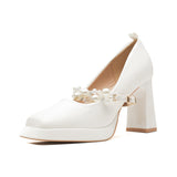 kamames kamames Square Head Thick Heel High Heels 2024 Spring French Pearl One Word Buckle Satin Wedding Shoes Bride Shoes