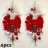 4pcs Set of 23.62" Red Flocked Christmas Wreaths with Balls & Bow - Large Wall Hanging Decor for Front Door, Stairs, Windows - No Power Needed, Featherless