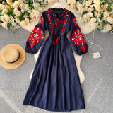 kamames kamames Embroidery Flowers Round Collar Lantern Sleeves Wrinkled Loose Show Thin Dress Women