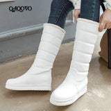 kamames Mid-Calf Boots Women Flat Heel Knee High Boots Winter Plus Warm Snow Boots Slip On Ladies Shoes White Black Pink