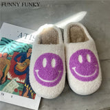 FUNNY FUNKY 2021 Winter Women's Shoes New Purple Happy Face Decor Fluffy Faux Fur Smiley Shoes for Women House Female Slippers