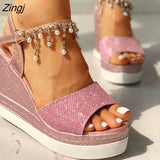 kamames New Women Wedge Sandals Summer Bead Studded Detail Platform Sandals Buckle Strap Peep Toe Thick Bottom Casual Shoes Ladies