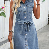 Women's Sleeveless Denim Dress With Belt, Elegant Long Jean Dress, Casual Summer Dress With Pockets, Front Button-Down Design, Fashion Streetwear