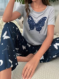 Butterflies in Bloom - Womens Short Sleeve Pajama Set with Round Neck Top & Elastic Pants, Lightweight & Soft Casual Sleepwear for Dreamy Nights