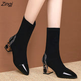 kamames Short Boots Woman Mid Calf Boot Elastic Fabric Rhinestone Square Heel Women's Winter Shoes Black Female Footware