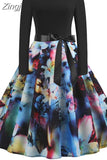 kamames Print Vintage Women New Spring Elegant Party Long Sleeve Casual Black Patchwork Midi Dress
