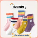 5 Pairs Of Toddler's Trendy Color Block & Smiling Face Pattern Crew Socks, Soft Comfy Children's Socks For Boys Girls All Seasons Wearing