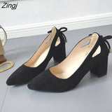 kamames Quality Women Pumps Pure Color Square High Heels 6CM Fashion Black Leather Shallow Wedding Shoes Woman Large Size 44