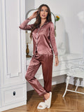 Risonclo Womens Elegant Solid Color Long Sleeve Lapel Pajama Set - Soft Polyester Blend Fabric, Button-Up Top, Relaxed Fit Pants, Machine Washable - Perfect for Teen Girls Sleepwear and Loungewear All Season