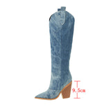 kamames Fashion Denim Western Women Knee High Boots Wedges High Heel Cowboy Boots Slip On Autumn Winter Woman Shoes Big Size 34-43