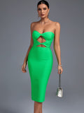 kamames Out Midi Bandage Dress Women Green Bodycon Dress Evening Party Elegant Sexy Midi Birthday Club Outfit 2022 Summer New