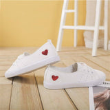 kamames Solid Color Female Red Heart Shaped Shoes Women PU Leather Casual Lace-Up Sneakers Girls School Platform Ladies White Shoes