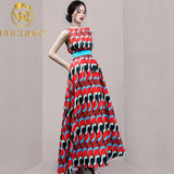 kamames Women Bohemia Print Long Dresses Summer New 2021 Boho Casual Chiffon A LIne Dress Vintage Party Vestidos With Belt