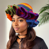 Handmade Crochet Rainbow Bucket Hat for Women, 100% Acrylic Knit Ruffle Brim, Unisex Funky Fringe Warm Winter Cap, Lightweight, Elastic, Washable - Ideal for New Year's Fashion Accessory