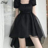 kamames Mini Dresses Women Black Mesh Irregular Slim Square Collar Puff Sleeves Ruffles Korean Style Elegant Trendy Ulzzang Casual