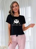 Womens Panda Print Casual Tee - Comfortable & Fashionable Short Sleeve Shirt with Playful Slogan, Adorable Round Neck Loungewear for Sweet Dreams