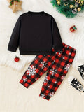 Boys' Festive Christmas Outfit Set - Cute Santa Print Long Sleeve Top & Red Plaid Snowflake Pants, Machine Washable, Perfect for Outdoor