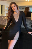 kamames Long Sleeve V Neck Bodycon Mini Dress