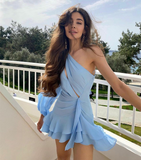 Kamames Elegant Short One Shoulder Chiffon Evening Dresses A-Line Sky Blue Ruffled Cocktail Party Dress Robes de soirée for Women