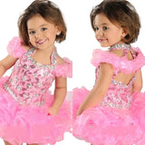 Hot Selling Super Adorable Ball Gown Halter Toddler Infancy Short Formal Dresses Crystals Beaded Handmade Ruffle Organza Girls' Pageant Gown