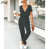 kamames PETAL V-neck Short Sleeve Jumpsuit For Woman Casual Long Jogger Pants Playsuit 2023 Summer Overalls Bodysuits Rompers