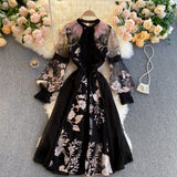 kamames High Quality Elegant Party Dress Women Korean Design Long Sleeve A-line Dress 2023 Spring Mesh Embroidery Flower Dress