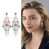 2025 2023 autumn  personalized fringed earrings long inlaid with colored zircon stud earrings new fashionable water drop earrings women