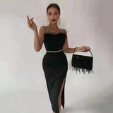 kamames Beading Bandages Dress Women Black Feathers Elegant Clothing Celebrity Party Club Bodycon Midi Dresses