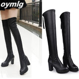 kamames Autumn Winter Women's Pu Leather Over The Knee Boots Back Zip Thick High Heel Platform Thigh Boots Ladies Fashion Shoe Black