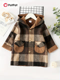 PatPat Toddler Boy Classic Plaid Fleece Lined Button Design Hooded Overcoat