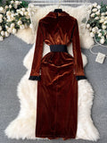 kamames Retro Long-Sleeved Gold Velvet Dress Women's High-End Light Extravagant Suit Collar Waist Metal Button Medium Dress