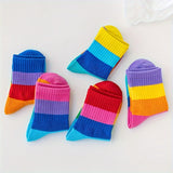 10 Pairs Of Kid's Fashion Rainbow Color Pattern Crew Socks, Comfy Breathable Soft Socks For All Seasons Wearing