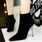 BIGTREE Shoes Pointed Toe Women Ankle Boots Suede Black Boots Women Stiletto High-heel Boots Short Plush Autumn Winter Boots