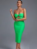 kamames Out Midi Bandage Dress Women Green Bodycon Dress Evening Party Elegant Sexy Midi Birthday Club Outfit 2022 Summer New